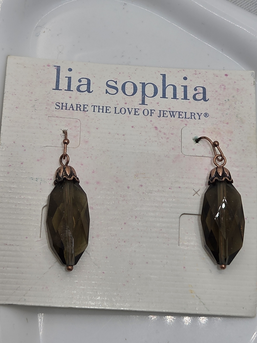 NWT Lia Sophia Smoky Quartz Glass Crystal Copper Dangle Earrings Whimsigoth 🤎✨